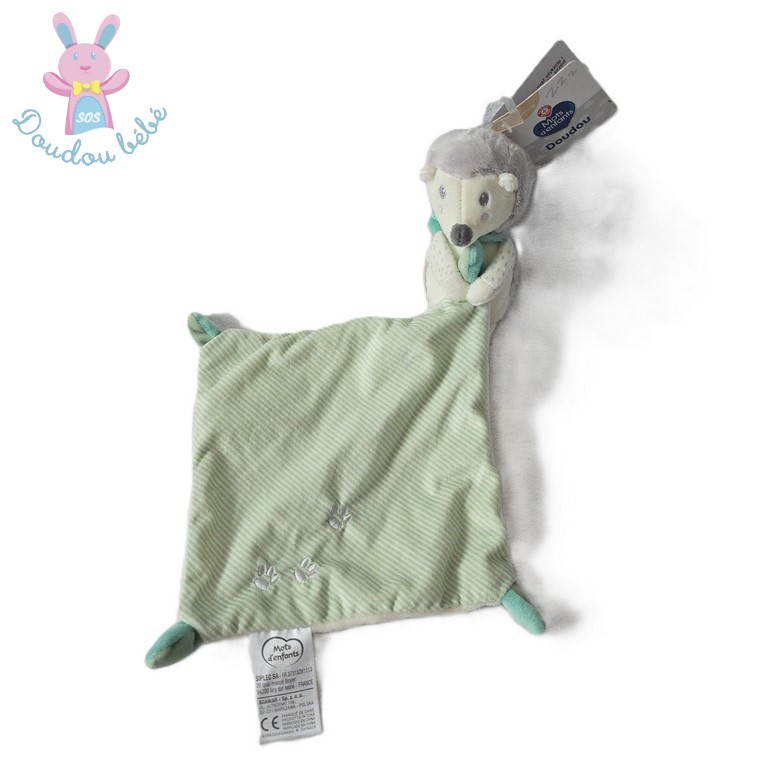 Doudou Hérisson gris blanc mouchoir rayé vert MOTS D'ENFANTS