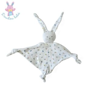 Doudou plat Lapin tissu lange blanc écru fleurs PETIT BATEAU