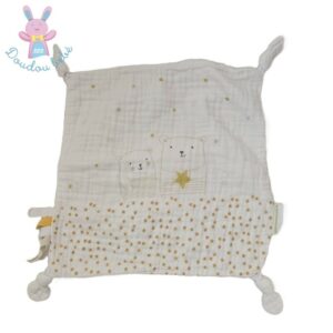 Doudou plat carré lange blanc jaune Ours étoiles VERTBAUDET