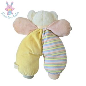 Doudou OURS blanc rose jaune bleu et rayé Vintage CARREFOUR