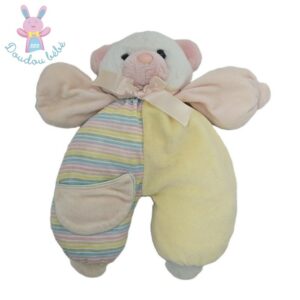 Doudou OURS blanc rose jaune bleu et rayé Vintage CARREFOUR