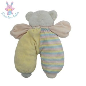 Doudou OURS blanc rose jaune bleu et rayé Vintage CARREFOUR