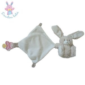 Doudou Lapin beige clair et blanc mouchoir attache tétine TEX