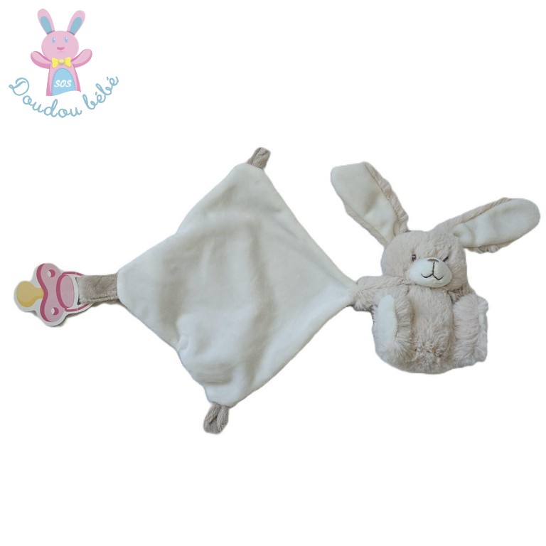 Doudou Lapin beige clair et blanc mouchoir attache tétine TEX