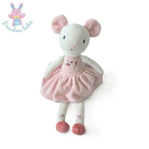 Doudou Souris rose blanc robe fleur oiseau 29 cm TEX BABY