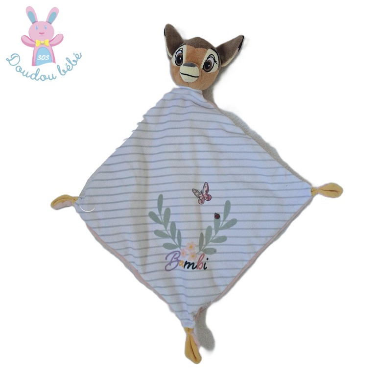 Doudou plat Faon Bambi rayé gris blanc coccinelle dos rose DISNEY