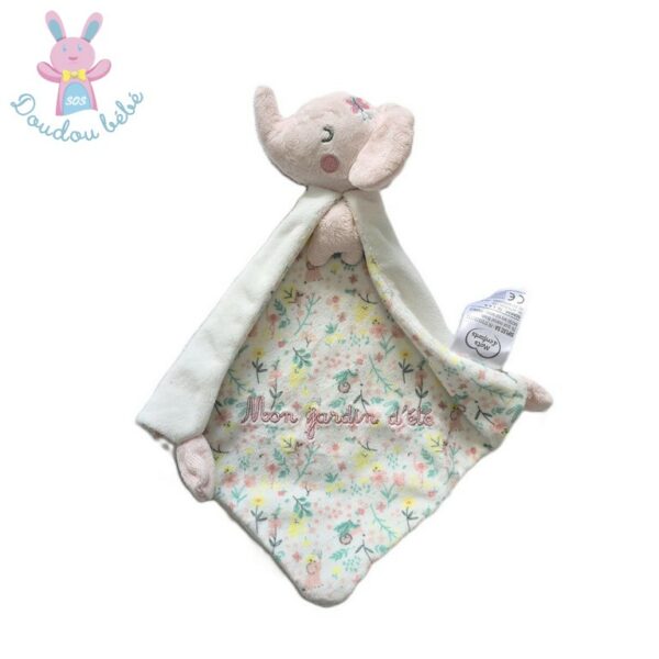Doudou éléphant rose blanc fleurs "Mon jardin d'été" MOTS D'ENFANTS