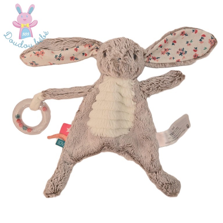 Doudou plat Lapin beige blanc Love anneau TAPE A L'OEIL TAO