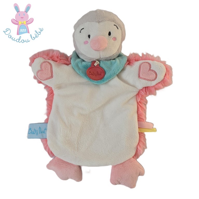 Doudou Pingouin marionnette Neskimos blanc rose cœurs BABY NAT