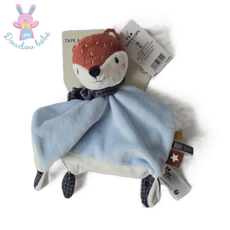 Doudou plat Renard bleu blanc marron écharpe TAPE A L'OEIL TAO