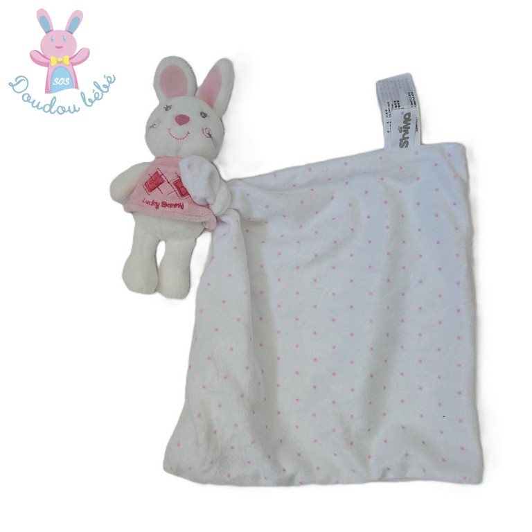 Doudou Lapin blanc rose Lucky Bonny mouchoir à pois SHIMA