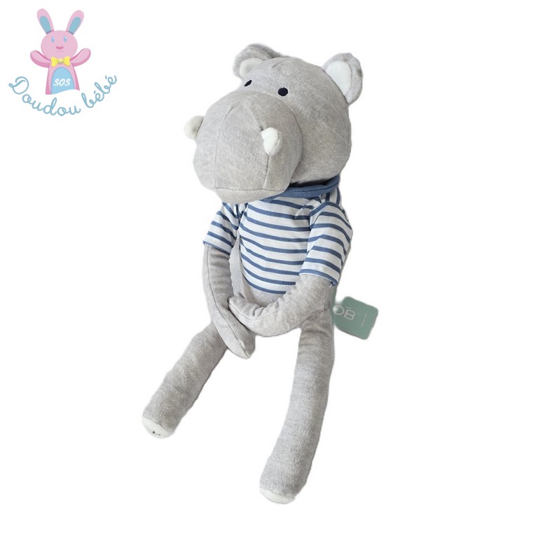 Doudou Hippopotame gris T-shirt rayé bleu blanc OBAIBI