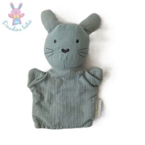 Doudou marionnette Lapin tissu vert brodé gris VERTBAUDET