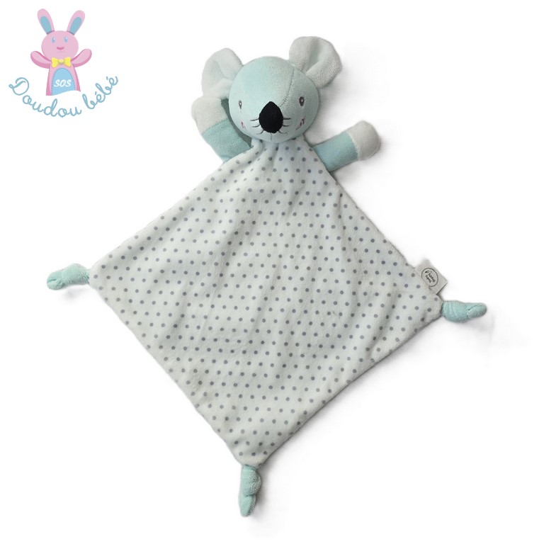 Doudou plat Souris grelot bleu blanc pois gris BABY HAPPY