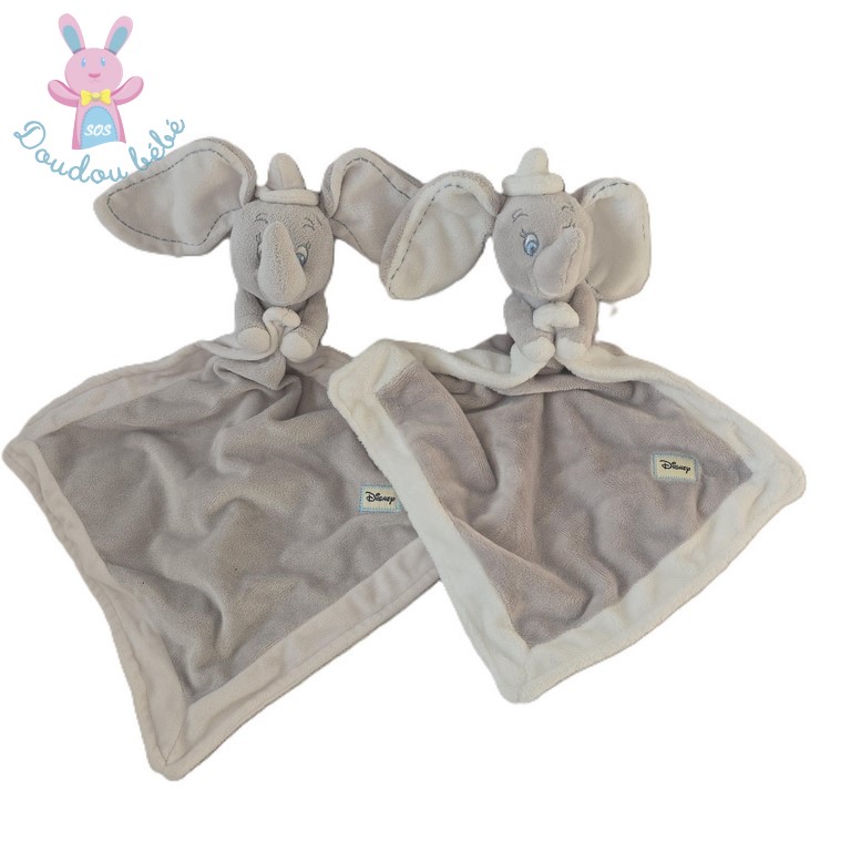 Lot de 2 Doudous éléphant Dumbo gris blanc mouchoir DISNEY