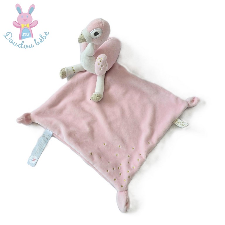 Doudou Flamant Rose blanc doré mouchoir NICOTOY SIMBA