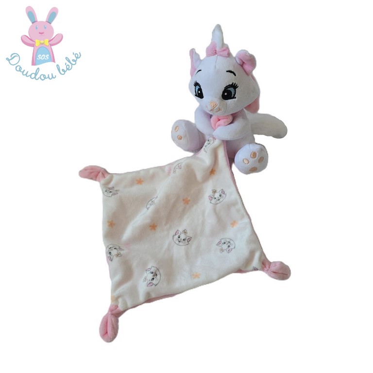 Doudou Chat Marie blanc rose mouchoir têtes et fleurs DISNEY BABY
