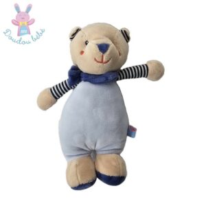 Doudou Ours bleu beige et rayé blanc SUCRE D’ORGE