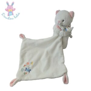 Doudou Chat blanc rose fleurs avec mouchoir POMMETTE