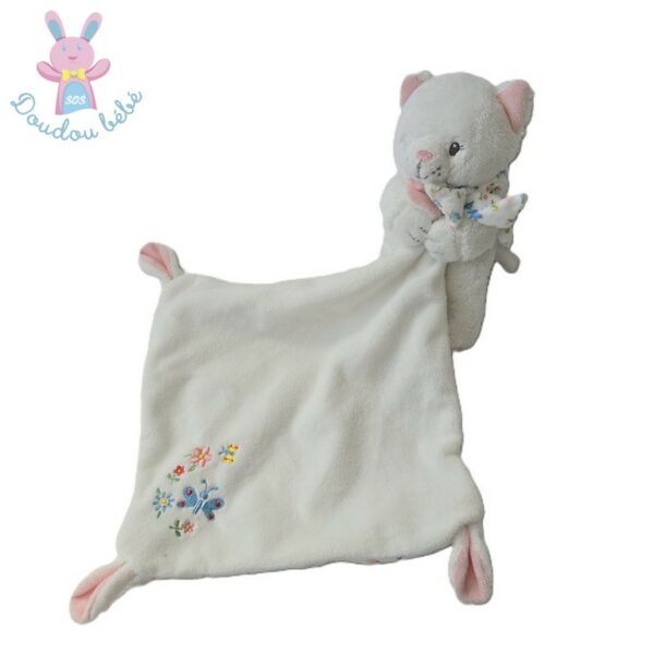 Doudou Chat blanc rose fleurs avec mouchoir POMMETTE