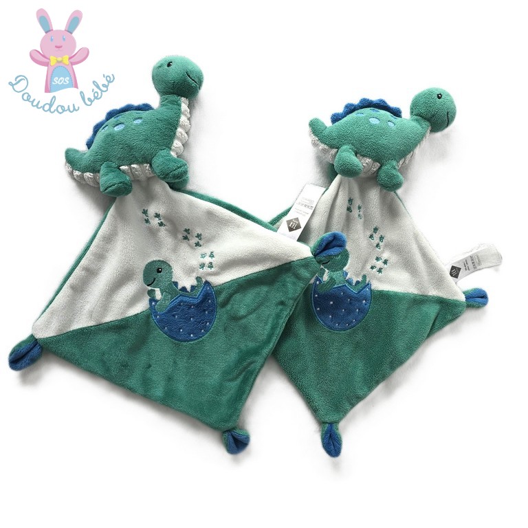 Lot de 2 Doudous plat Dinosaure vert bleu blanc bébé TEX BABY