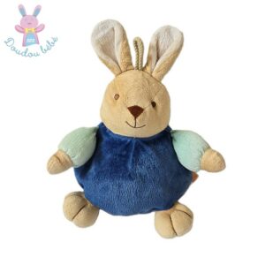 Doudou Lapin boule bleu beige vert 24 cm TEX CARREFOUR