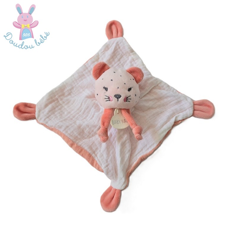 Doudou plat Chat Léopard rose saumon blanc BABY NAT