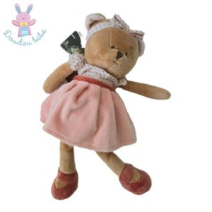 Doudou Ours beige saumon pois robe 30 cm BUKOWSKI