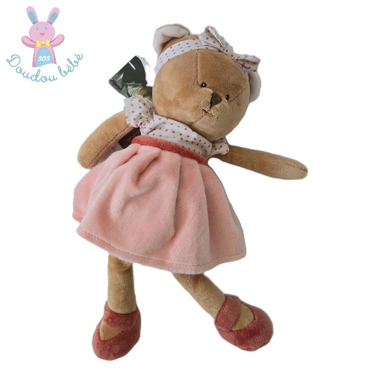 Doudou Ours beige saumon pois robe 30 cm BUKOWSKI
