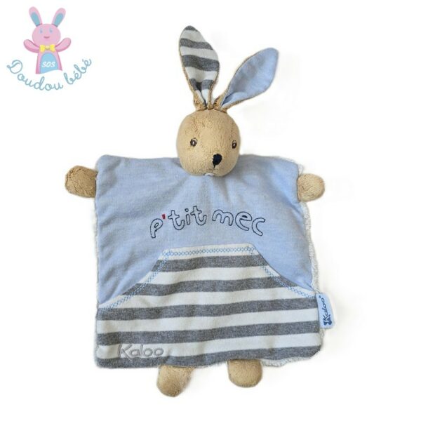 Doudou plat Lapin "P'tit mec" bleu rayé gris blanc KALOO