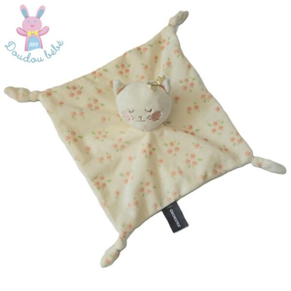 Doudou plat Chat écru fleurs liberty saumon ORCHESTRA