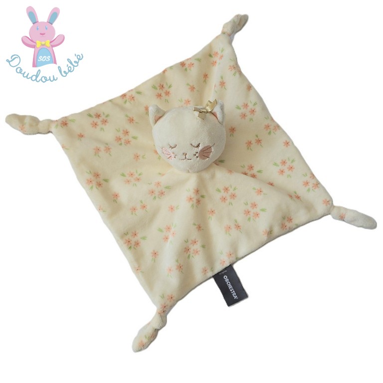 Doudou plat Chat écru fleurs liberty saumon ORCHESTRA