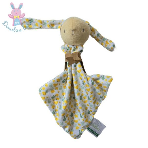 Doudou plat Lapin velours beige fleurs jaune vert KLORANE