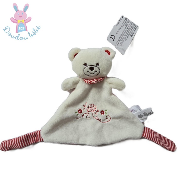 Doudou plat Ours blanc fleurs rayé rouge SHIMA