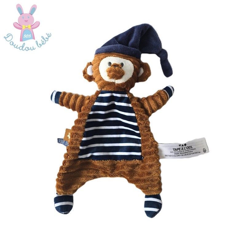 Doudou plat Singe marron bleu marine rayé TAPE A L'OEIL TAO