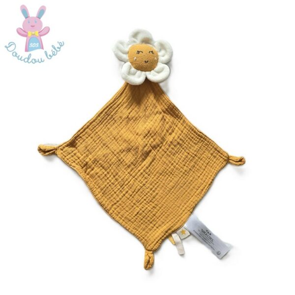Doudou plat Fleur lange jaune moutarde blanc TAPE A L'OEIL TAO