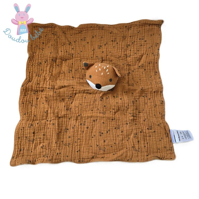 Doudou plat Renard lange marron petits motifs VERTBAUDET
