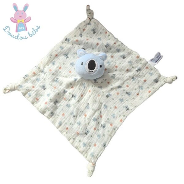 Doudou plat Koala bleu lange blanc motifs MES PETITS CAILLOUX