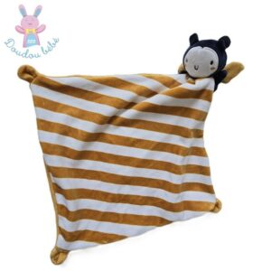 Doudou plat Abeille bleu marine mouchoir rayé jaune blanc DPAM