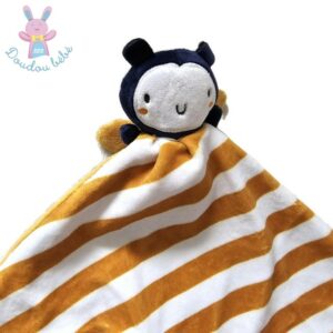 Doudou plat Abeille bleu marine mouchoir rayé jaune blanc DPAM