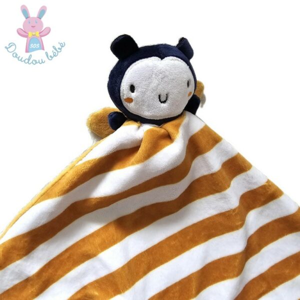 Doudou plat Abeille bleu marine mouchoir rayé jaune blanc DPAM