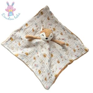 Doudou plat Renard beige blanc motifs écureuils hérisson IN EXTENSO