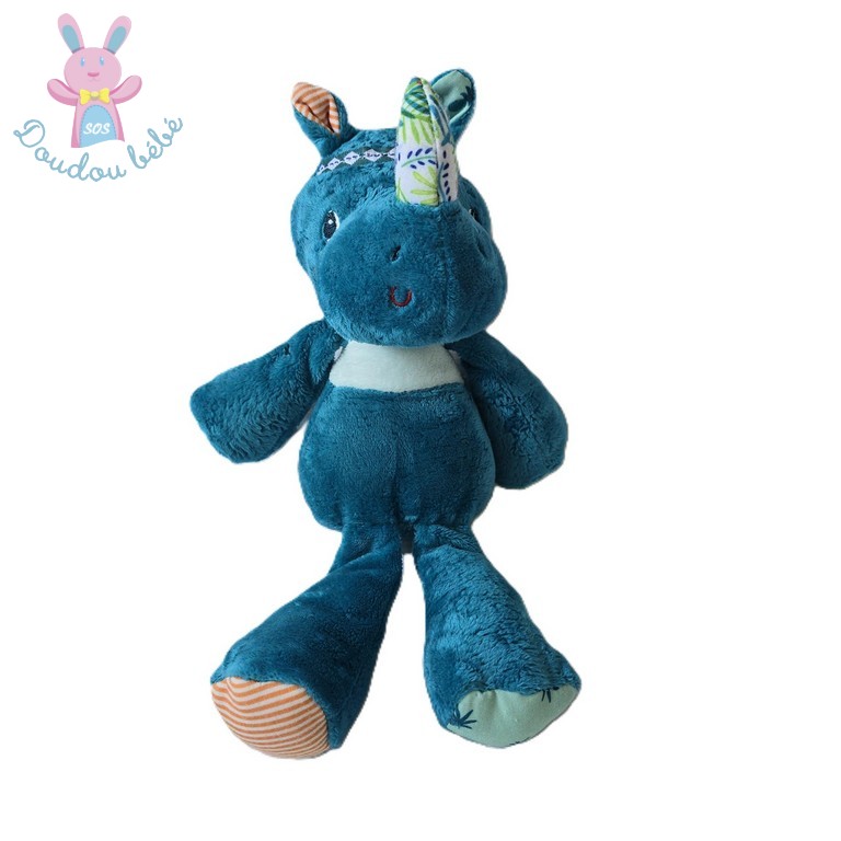 Doudou Rhinocéros bleu blanc coloré 26 cm LILLIPUTIENS