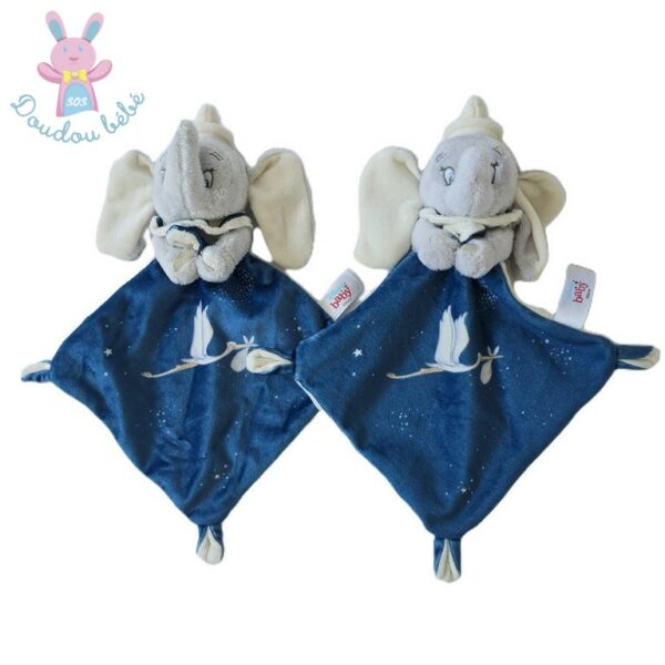 Lot de 2 Doudous plat éléphant Dumbo bleu gris blanc cigogne Disney