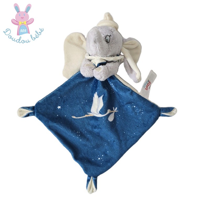Doudou plat éléphant Dumbo bleu gris blanc cigogne DISNEY