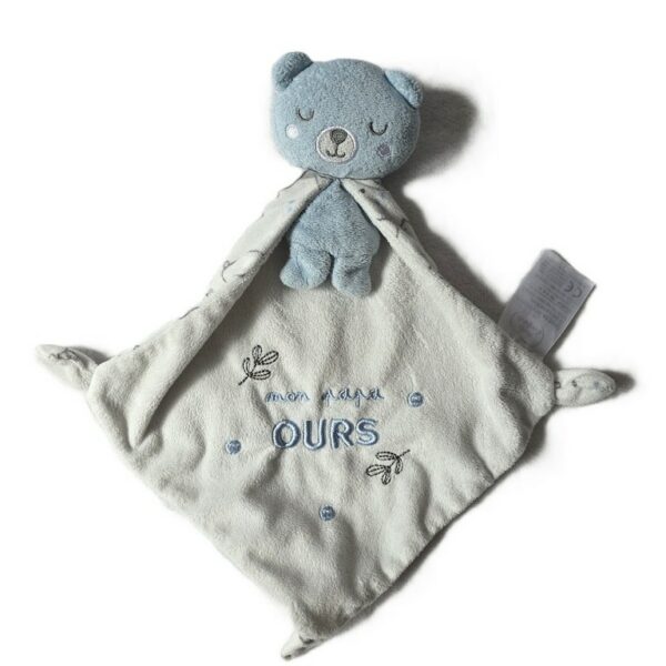 Doudou Ours bleu blanc cape "mon papa ours" MOTS D'ENFANTS