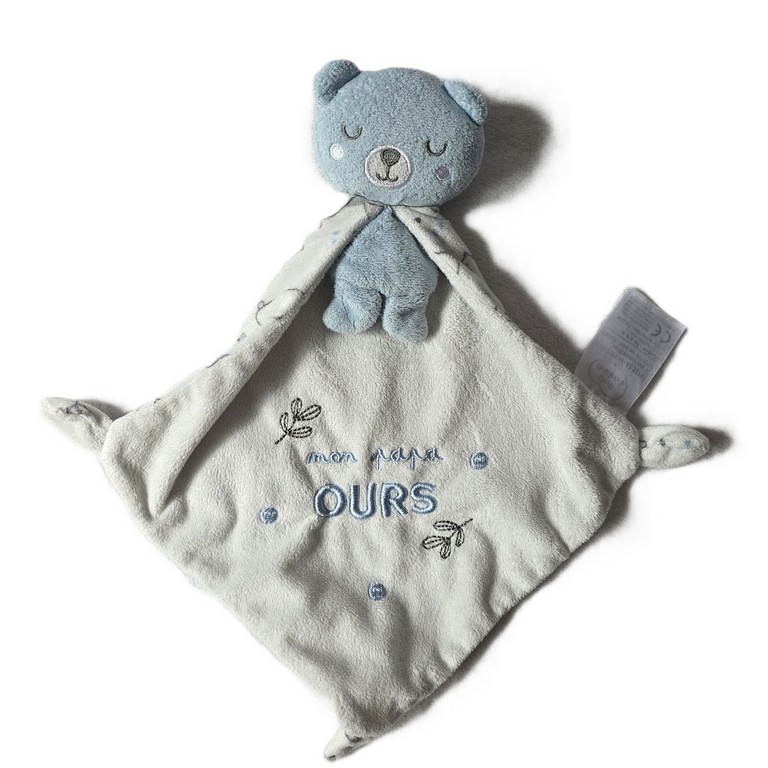 Doudou Ours bleu blanc cape "mon papa ours" MOTS D'ENFANTS