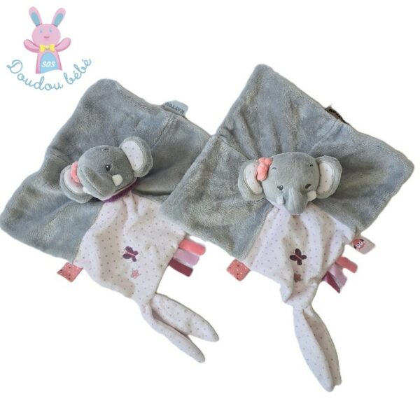 Lot 2 Doudous plat éléphant Adèle et Valentin gris rose pois NATTOU