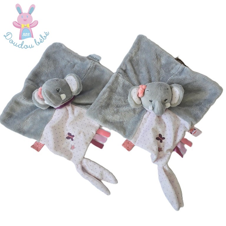 Lot 2 Doudous plat éléphant Adèle et Valentin gris rose pois NATTOU