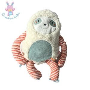 Doudou Paresseux Moris blanc bleu rayé médium 40 cm NOUKIE’S